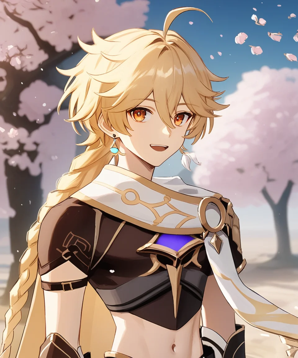 score_9, score_8_up, score_7_up, score_6_up, score_5_up, score_4_up, source_anime, aether \(genshin impact\), looking at viewer, male focus, solo, happy, open mouth, orange eyes, genshin impact, blonde hair, long hair, ahoge, hair between eyes, scarf, cape, navel, single braid, single earring, jewelry, gloves, bangs, solo, male focus, tree, tassel, outdoors, cherry blossoms, depth of field, close up shot, <lora:AetherPDXLep21:1>