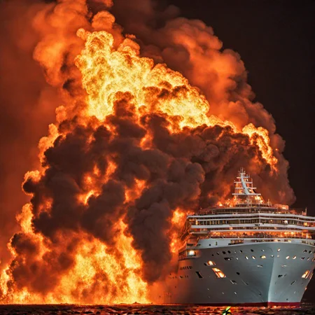 cruise ship big inferno <lora:inferno:1> all over, black background,at night