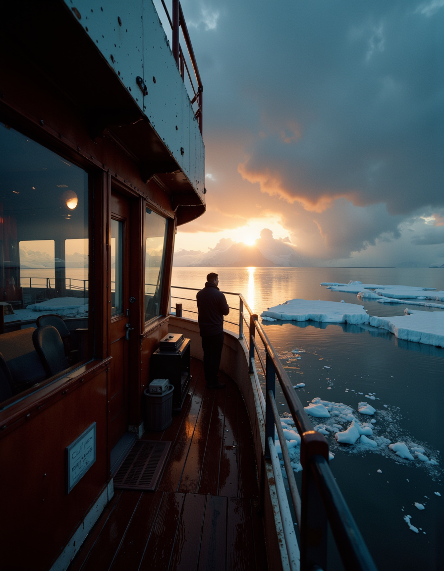 A cinematic photography.
Shot from behind of a Icebreaker, at Dusk, designed by tom bagshaw, donato giancola, greg manchess, karol bak and peter mohrbacher, Light, Cinestill 50, atmospheric perspective, background inspired, ambient atmosphere, contemporary, advanced cinematic perfect light, atmosphere, lush.