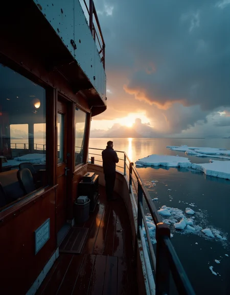 A cinematic photography.
Shot from behind of a Icebreaker, at Dusk, designed by tom bagshaw, donato giancola, greg manchess, karol bak and peter mohrbacher, Light, Cinestill 50, atmospheric perspective, background inspired, ambient atmosphere, contemporary, advanced cinematic perfect light, atmosphere, lush.