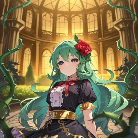<lora:ChamIllustriousBackgroundEnhancer:0.5> <lora:illustrious_quality_modifiers_masterpieces_v1:0.8> , masterpiece, very aesthetic, absurdres, best quality, amazing quality, high resolution, newest, very awa, scenery, volumetric lighting, solo, looking at viewer, <lora:ToraIllustrious:0.8> , tordef, 1girl, solo, long hair, green hair, black sclera, blue eyes, hair flower, neck ribbon, center frills, black dress, frilled dress, gold trim, juliet sleeves, yellow armlet, spiked armlet, yellow belt, horizontal-striped thighhighs, yellow anklet, spiked anklet, high heels, plant, thorns, vines, ((upper body)), exterior, garden, courtyard, mansion