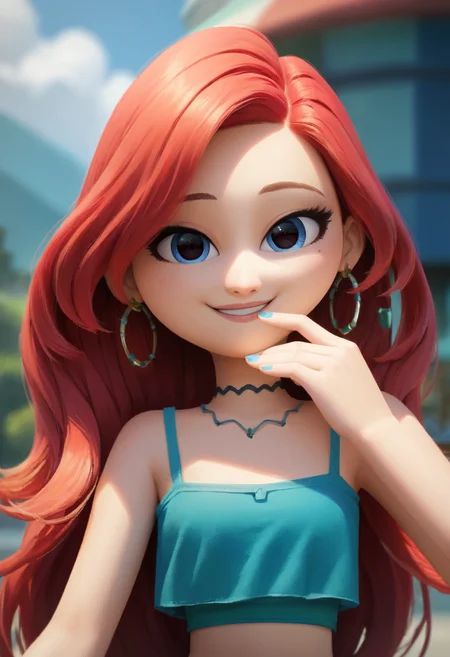 masterpiece,best quality, highly detailed, score_9, score_8_up, score_7_up, score_6_up,<lora:xl_more_art-full_v1:0.8>,source_anime,
BREAK
 <lora:chelsea:0.8>chelsea, 1girl, jewelry, earrings, long hair, solo, smile, red hair, hoop earrings, crop top, nail polish, necklace, midriff, upper body, choker, hand up, blurry, shirt, looking at viewer, blue shirt, camisole, blurry background