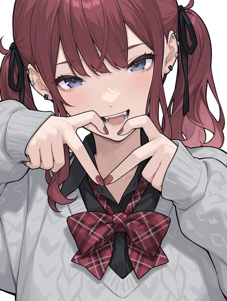 masterpiece,best quality,newest,
1girl,solo,
<lora:natsuki-karin_gs_ilxl_v1.2:1>,n_karin,twintails,blue eyes,piercing,red nails,sg_clothes,grey sweater,red checked bowtie,black shirt,<lora:Fixhands_anime_bdsqlsz_V1:1>,dynamic_angle,simple_background,white background,looking_at_viewer,cinematic_angle,laughing,upper_body,face_focus,from_side,heart hands,