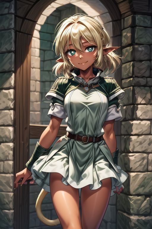 best quality, ultra-detailed, (1girl, solo,fam, blonde hair, (green eyes:1.5), pointy ears, Small breasts, dark skin, dark-skinned female, elf, long pointy ears, tail, Brutal smile, Narrow eyes), tutu skirt, ng_deepnegative_v1_75t, easynegative