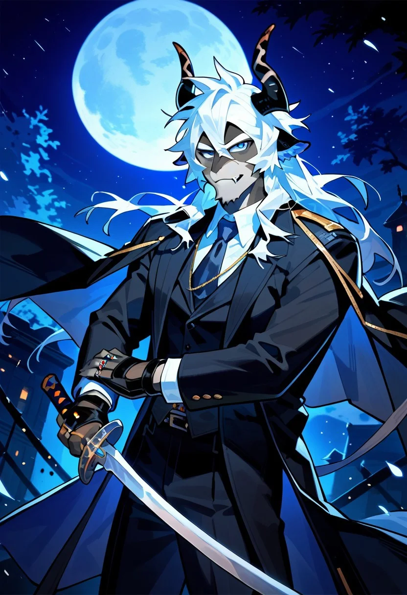 score_9,score_8_up,score_7_up,source_anime, Istvan (Alchemy Stars),solo,looking at viewer,shirt,gloves,long sleeves,1boy,holding,jewelry,jacket,weapon,male focus,black gloves,fang,sword,holding weapon,coat,night,holding sword,formal,moon,ring,thick eyebrows,suit,night sky,full moon,black coat,cow ears,coat on shoulders,goat ears,