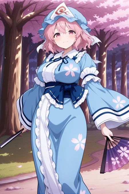 absurdres, highres, masterpiece, best quality, amazing quality, official anime artwork, screencap, anime screencap, outdoors, looking at viewer, light smile, dynamic pose, standing,
<lora:Yuyuko-Saigyouji_IllustriousV3:1> saigyouji yuyuko, 1girl, solo, pink eyes, pink hair, short hair, large breasts,, blue hat, mob cap, triangular headpiece, blue neck ribbon, blue kimono, frilled kimono, long sleeves, wide sleeves, floral print, blue ribbon, folding fan,
sakura tree, forest, big tree,