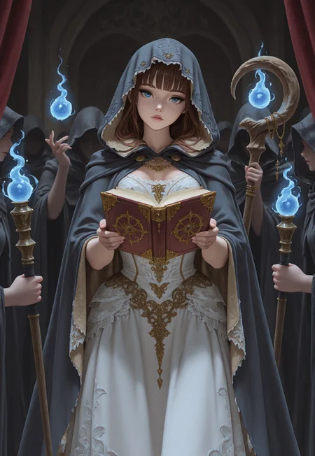masterpiece, best quality, 1 woman, 1girl, solo, dress, VCD-Illu, cloak, hood on, fantasy style, lace, tulle, brocade, dynamic pose, head tilt, holding magic book, surrounded by magic, one hand holding staff