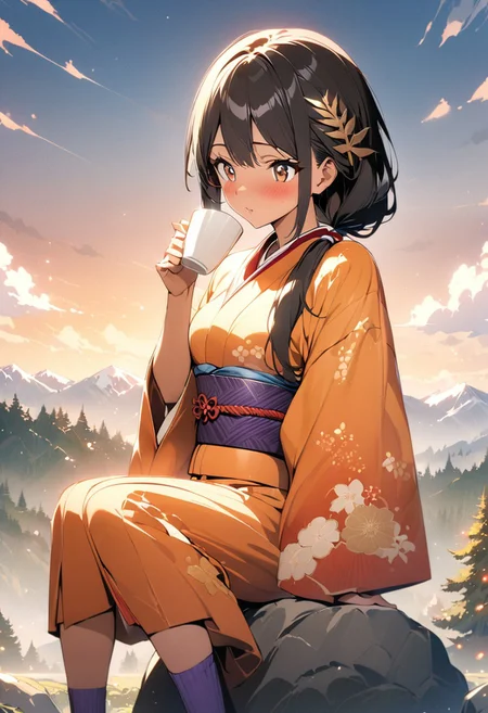 gorgeous lips, cinematic, (masterpiece), (best quality), (ultra-detailed), very aesthetic, illustration, perfect composition, intricate details, absurdres, detailed face, (anime, masterpiece, intricate:1.3), (best quality, hires textures, high detail:1.2), perfect hands, brown eyes,
1girl, very long black hair, low ponytail, side swept bangs, medium breasts, perfect eyes, 8k, highest quality, ultra details,1girl, solo, perfect brown eyes
,(japanese clothes, pastel orange kimono, fancy print, kimono, purple sash, wide sleeves, obi) white socks, sandals, gold leaf hair clip, sitting on a boulder, pine trees , mountainous terrain, noon time, summer season,fluffy clouds in the sky, high altitude, wide open skies,
cinematic lighting, blush, happy, sipping a cup of tea, crepuscular light, sparkling eyes, photoshoot, portrait shot, from the side
