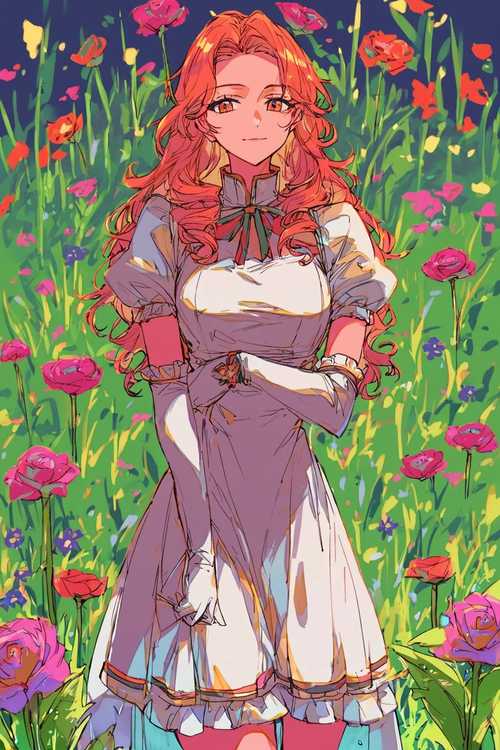 score_9, score_8_up, score_7_up, rating_safe, 1girl, solo, long hair, curly hair, wavy hair, orange hair, orange eyes, looking at viewer, breasts, dress, white dress, puffy sleeves, puffy short sleeves, short sleeves, gloves, elbow gloves, white gloves, cowboy shot, closed mouth, standing, outdoors, field, flower, grass, plant, sky, <lora:mizucx:1.5>