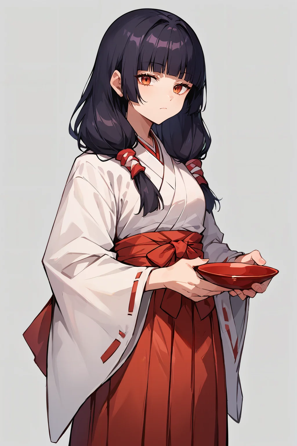 <lora:utahime_iori_jjk_xl:1>, score_9,score_8_up,score_7_up,score_6_up,utahime jjk, 1girl, solo, japanese clothes, miko, bangs, red hakama, twintails, hakama, skirt, holding, wide sleeves, long hair, looking at viewer, closed mouth, blunt bangs, simple background, kimono, hakama skirt, long sleeves, low twintails