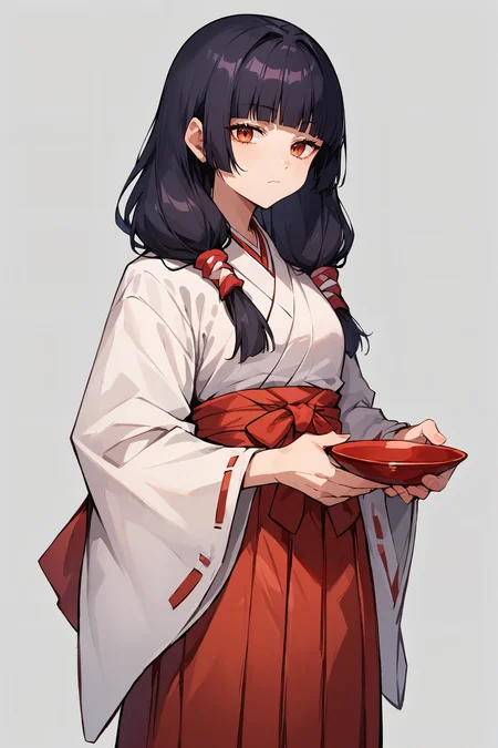 <lora:utahime_iori_jjk_xl:1>, score_9,score_8_up,score_7_up,score_6_up,utahime jjk, 1girl, solo, japanese clothes, miko, bangs, red hakama, twintails, hakama, skirt, holding, wide sleeves, long hair, looking at viewer, closed mouth, blunt bangs, simple background, kimono, hakama skirt, long sleeves, low twintails