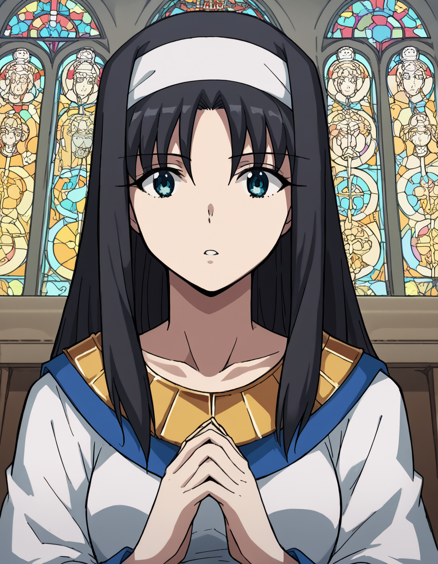 score_9, score_8_up, score_7_up, source_anime, <lora:carnivalphantasm-akiha-toono-ova-ponyxl-lora-nochekaiser:1>, akiha toono, tohno akiha, long hair, blue eyes, black hair, hairband, white hairband, medium breasts,, <lora:buddhist-nun-ponyxl-lora-nochekaiser:1>, buddhist nun, nun, habit, vitakra mudra, mudra, coif, gold necklace, priestess,, church, parted lips, praying,, cowboy shot, , dutch angle, cowboy shot