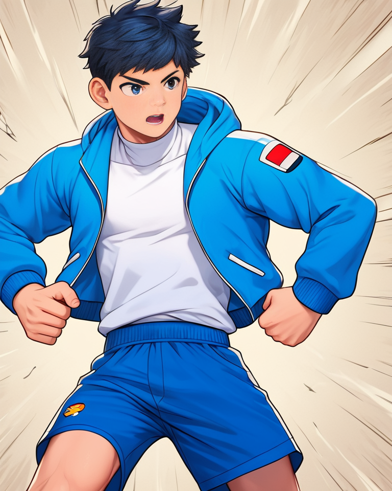 masterpiece, best quality, amazing quality, 1boy, solo, masterpiece, best quality, dynamic action,  <lora:Finn-000009:1>, (finn), t-shirt, hands on waist , boy, 19y.o., blue jacket, white hoodie, black turtleneck, blue shorts, fighting