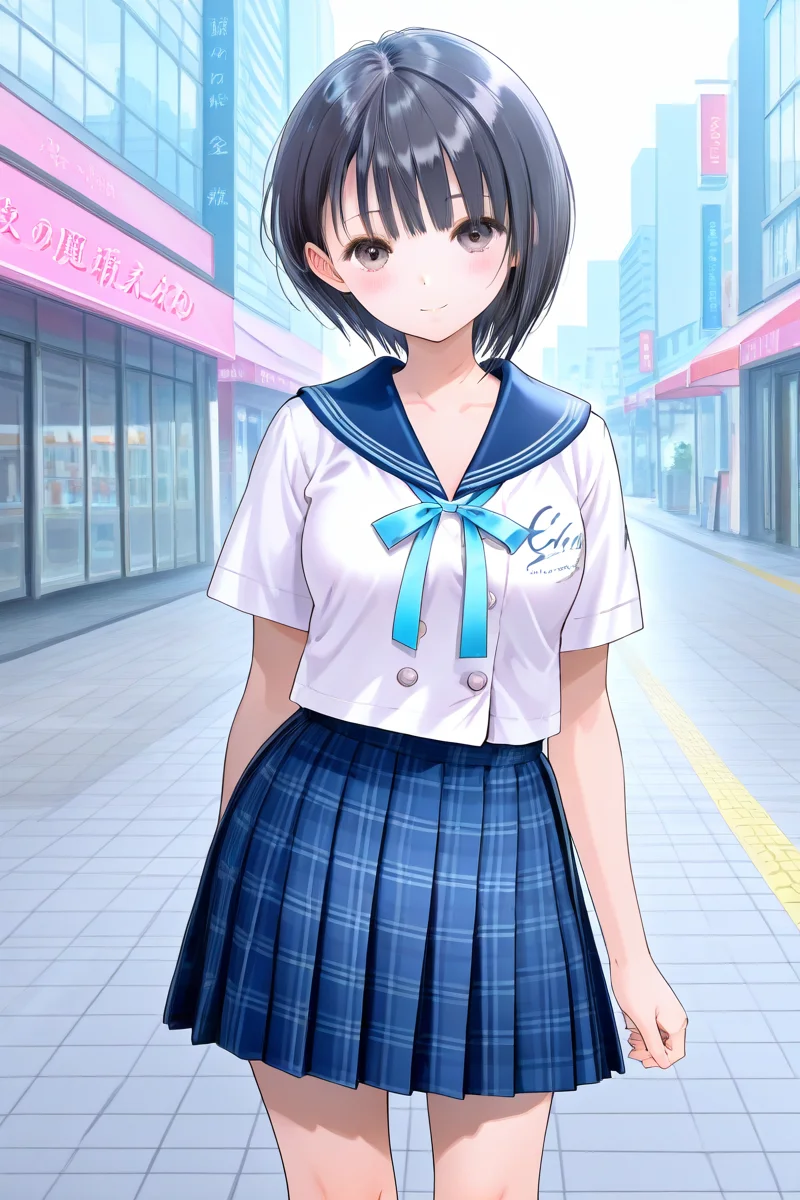 <lora:Shirai_Hinako_Blue_Reflection_illus:1>Shirai Hinako, 1girl, solo, looking at viewer, blush, short hair, bangs, skirt, pedestrian city, black hair, shirt, shop background, ribbon, brown eyes, closed mouth, school uniform, standing, white shirt, short sleeves, pleated skirt, serafuku, sailor collar, blue skirt, plaid, kneehighs, plaid skirt, blue sailor collar, anime color, seductive smile, open mouth, medium breast, <lora:HandFixer_pdxl_Incrs_v1:1> (slender body), medium skirt, (tall girl), <lora:Add_more_details_pony:0.8> cowboy shot,