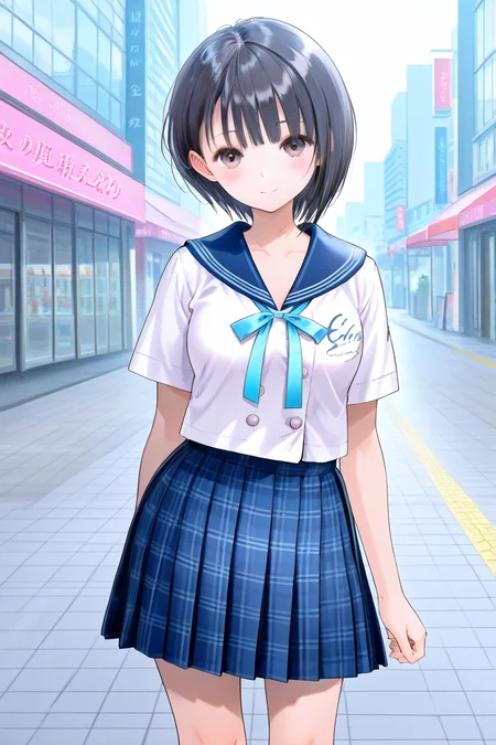 <lora:Shirai_Hinako_Blue_Reflection_illus:1>Shirai Hinako, 1girl, solo, looking at viewer, blush, short hair, bangs, skirt, pedestrian city, black hair, shirt, shop background, ribbon, brown eyes, closed mouth, school uniform, standing, white shirt, short sleeves, pleated skirt, serafuku, sailor collar, blue skirt, plaid, kneehighs, plaid skirt, blue sailor collar, anime color, seductive smile, open mouth, medium breast, <lora:HandFixer_pdxl_Incrs_v1:1> (slender body), medium skirt, (tall girl), <lora:Add_more_details_pony:0.8> cowboy shot,