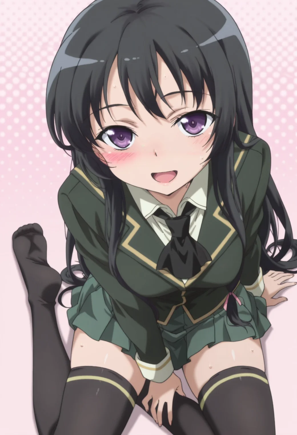 anime screencap, anime coloring, , <lora:DX888Yozora:1> mikazuki yozora, purple eyes, black hair, very long hair, hair ribbon, green skirt, green blazer, school uniform, blazer, ascot, pleated skirt, black thighhighs, zettai ryouiki, BREAK pink background, polka dot background,( simple background:1.2), BREAK
1girl, arm support, blush, breasts, feet, from above, looking at viewer, looking up, open mouth, sitting, smile, soles, solo, sweat,