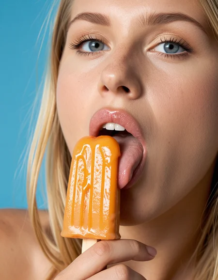 a blonde woman model licking and ice popsicle, portrait, closeup