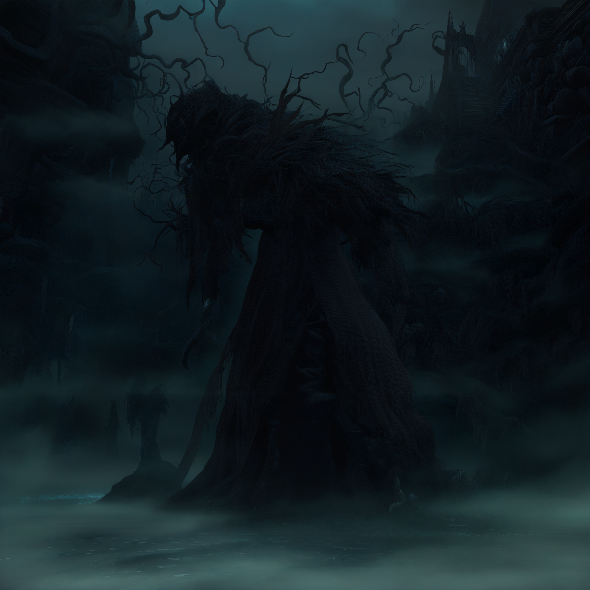 <lora:Bloodborne_style:1> masterpiece, best quality, outdoors, night, dark, dark theme, no humans, bloodstyleborne, bloodborne, scenery, weathered hourglass standing on a rocky, sandy terrain, fog, swirling, storm, ocean