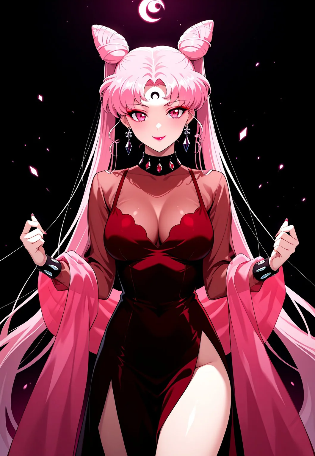masterpiece, best quality, absurdres, very aesthetic, high score, black_lady_usa, 1girl, solo, long hair, breasts, smile, red eyes, dress, twintails, jewelry, very long hair, pink hair, earrings, pink eyes, hair bun, see-through, double bun, makeup, facial mark, lipstick, crescent, side slit, aged up, forehead mark, cone hair bun, crescent facial mark, crystal earrings