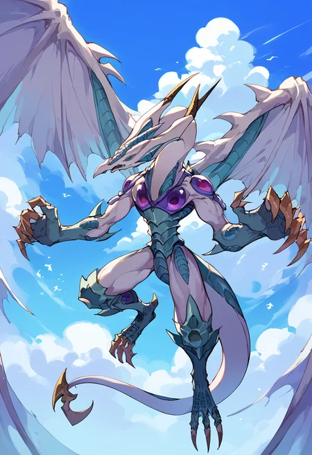 score_9,score_8_up,score_7_up,source_anime,zPDXL3,sky,star (sky),flying,cloud,
*//*,<lora:StardustDragon_Pony:1>,stardustdragon_ygo,no humans,solo,duel monster,dragon,wings,tail,claws,horns,
*//*,looking at viewer,cowboy shot,dutch angle,