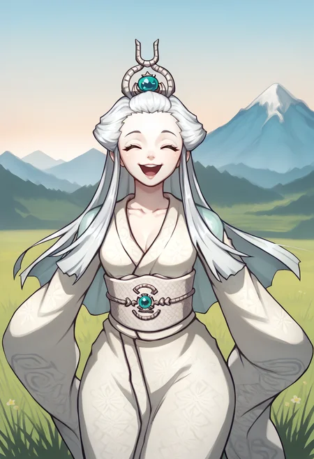 score_9, score_7_up, 1girl, cute, happy, open mouth, closed eyes, <lora:zs_BaiSuzhenXL:1> baisuzhensmt, white hair, long hair, white skin, colored skin, hair ornament, white kimono, medium breasts, collarbone, wide hips, sash, wide sleeves, grass, mountain, sky