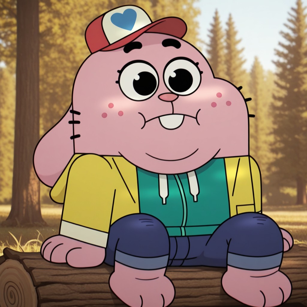 masterpiece, best quality, amazing quality, r1ch4rdyng, male, furry male, anthro, solo, young, rabbit, pink fur, black eyes, pink nose, freckles, rabbit ears, buck tooth, short whiskers, rabbit tail, double chin, barefoot, fat, short, red and white cap, yellow jacket, green sweatshirt, blue jeans, sitting on log, outdoors, forest