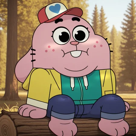 masterpiece, best quality, amazing quality, r1ch4rdyng, male, furry male, anthro, solo, young, rabbit, pink fur, black eyes, pink nose, freckles, rabbit ears, buck tooth, short whiskers, rabbit tail, double chin, barefoot, fat, short, red and white cap, yellow jacket, green sweatshirt, blue jeans, sitting on log, outdoors, forest