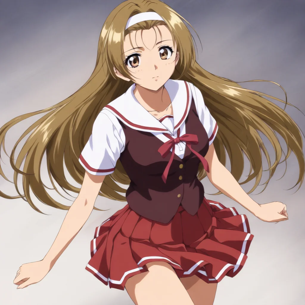 masterpiece,1girl,solo,looking at viewer,school uniform,red skirt,<lora:Akemi_Respect ag4o v1:1> akemi_respect, brown hair, long hair, brown eyes, hairband,