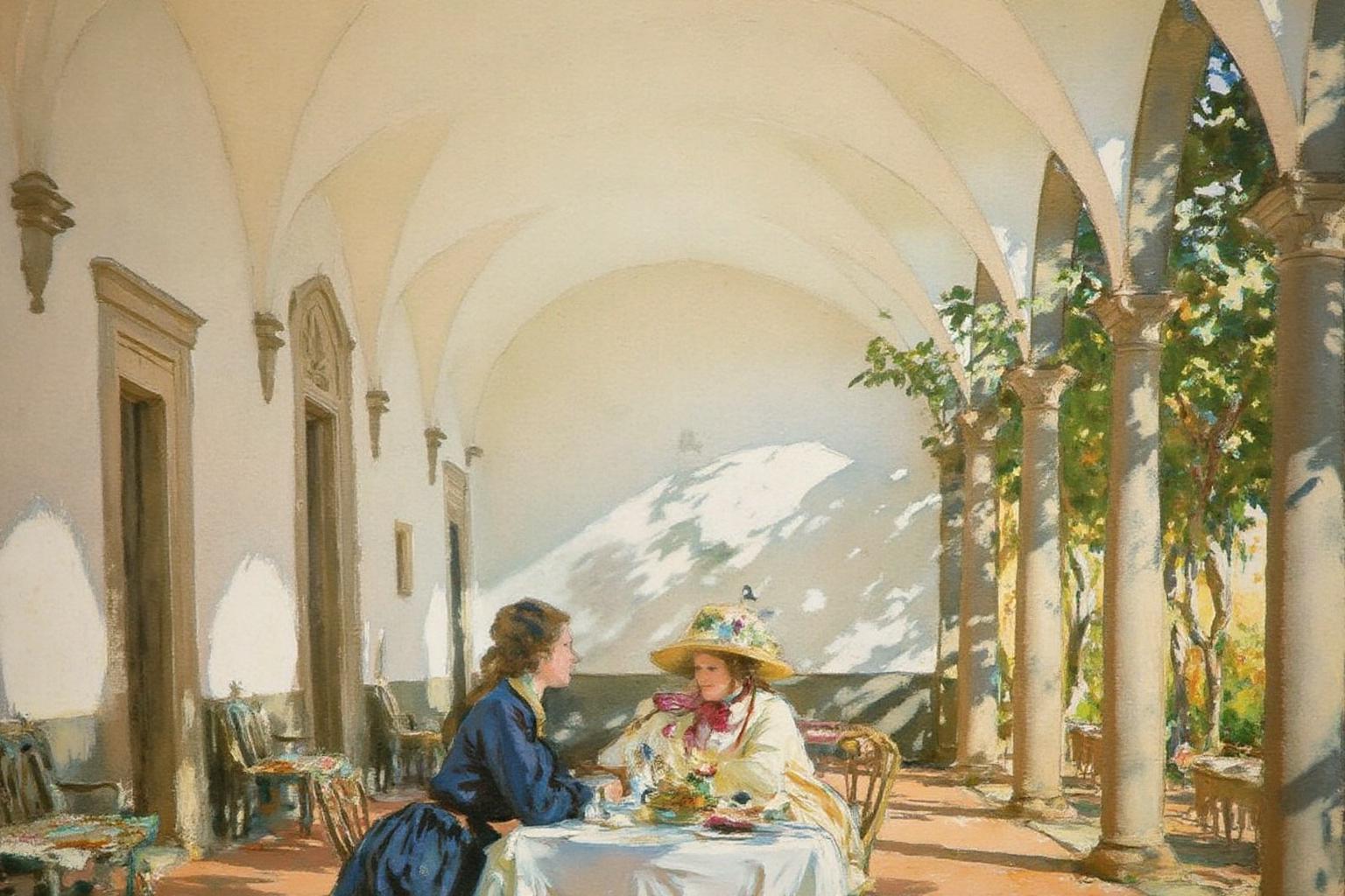 johnsingersargent3 painting
Two women sitting at a table in a colonnaded courtyard with a white, textured wall and arched roof, casting a warm, golden light. The floor is a light, sunlit terracotta, and the atmosphere is bathed in dappled sunlight filtering through the arches and the lush greenery. The woman on the left, shown in side profile, is wearing a dark blue dress. The woman on the right is wearing a white dress and a large hat adorned with flowers. <lora:johnsingersargent3_cap_d8a4e12:1.0><lora:859942697706734680:0>