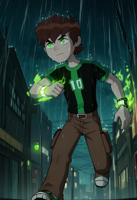 masterpiece, best quality, amazing quality, very aesthetic, absurdres, newest, ((screencap, cartoon))
benov, short hair, brown hair, 1boy, solo, brown cargo pants, ,  thick eyebrows, 
short sleeves,  black green shirt,
gloomy night, heavy rain, running, in city, fire, protest, glowing watch, green glow, dark sky, thunder, dynamic pose,