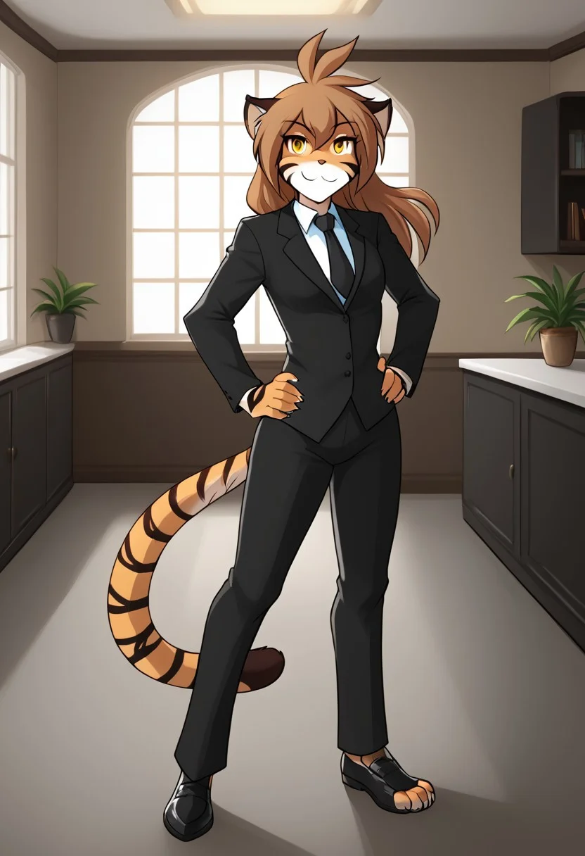 high resolution, best quality,solo, furry female anthro, long hair, small breasts, big hips , big ass ,(detailed background with windows and
furniture:1.2), perfect face, (seductive gaze, looking at viewer, smile), unbuttoned open black suit with black tie, white shirt under suit, (indoors, standing), finger claws dynamic pose ,<lora:Flora-Twokinds-SDXL-AnonTK-V3:0.85>, flora-twokinds, keidran, mammal, tiger tail, yellow eyes, hands on hip ,long lose black tie,