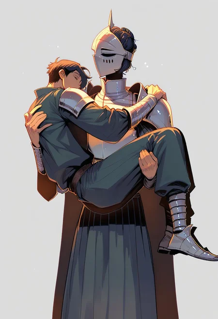 score_9, score_8_up, girl carrying a boy, Princess, princess carry, knight lying, sleeping, head sunken down, head against shoulder,