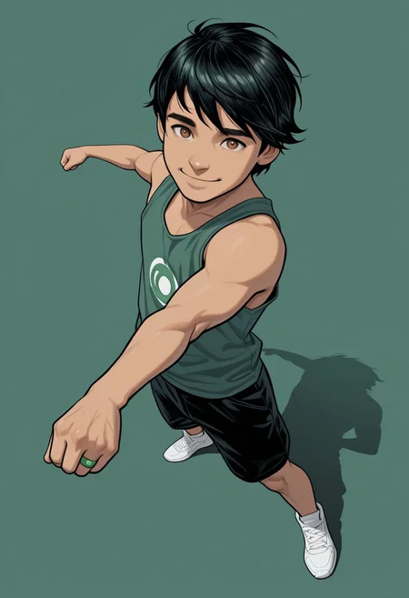 masterpiece, absurdres, high quality, perfect anatomy, 1boy, solo, cute boy, male focus, TaiPham, Black Hair, Green Lantern Ring, brown eyes, green tanktop, black shorts, big smile, cinematic, intricately detailed illustration, depth of field, masterpiece, best quality, amazing quality, very aesthetic, absurdres, newest, very awa,  shadow, dynamic angle, casual cosplay, dynamic pose, simple background, green theme