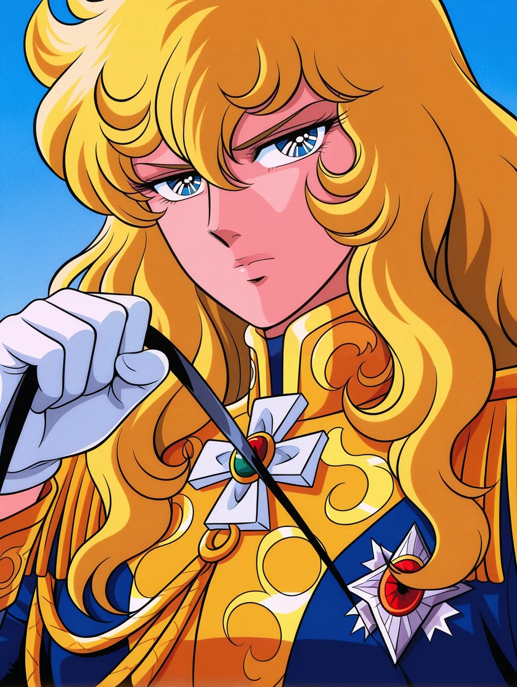 retro artstyle, 1970s \(style\), 1girl, oscar francois de jarjayes, solo, gold epaulettes, white gloves, upper body, looking at viewer, androgynous, gold aiguillette, reins, blue sky, serious, parody, blue coat, blue military uniform,
masterpiece,best quality,amazing quality,very aesthetic,absurdres,newest,<lora:oscar_francois_de_jarjayes illusXL v1:0.72>,