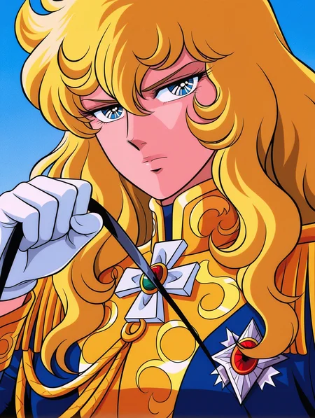 retro artstyle, 1970s \(style\), 1girl, oscar francois de jarjayes, solo, gold epaulettes, white gloves, upper body, looking at viewer, androgynous, gold aiguillette, reins, blue sky, serious, parody, blue coat, blue military uniform,
masterpiece,best quality,amazing quality,very aesthetic,absurdres,newest,<lora:oscar_francois_de_jarjayes illusXL v1:0.72>,