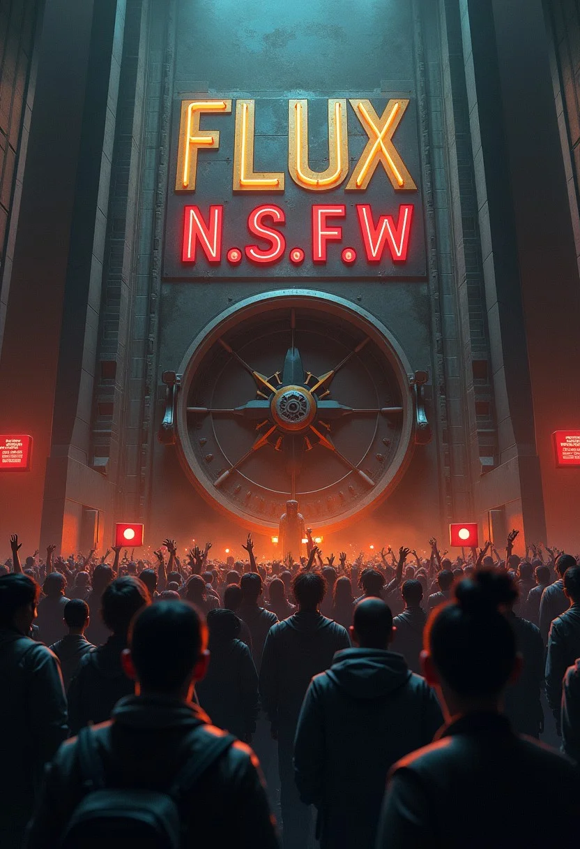 An angry mob, protesting, outside of a highly guarded Vault with a giant sign on the front that says "Flux N.S.F.W."