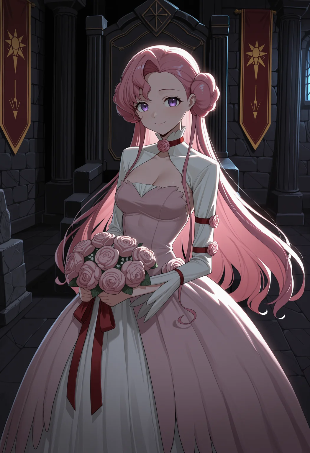 masterpiece, best quality, highres, absurdres, very awa, 1girl, solo, euphy, pink hair, double bun, doughnut hair bun, asymmetrical bangs, , indoors, throne room, throne, pillar, banner, stone wall, dark theme, holding bouquet, bouquet, purple eyes, dflt outfit, pink strapless dress, white shrug \(clothing\), long sleeves, red neck ribbon, red arm strap, arm flower, pink rose, neck flower, dress flower, skirt under dress, white long skirt, dim lighting, dark background, dark room, backlighting, looking at viewer, closed mouth, smile