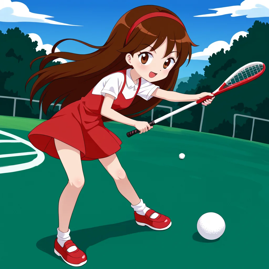 outdoors, <lora:Narizinho_Sítio_do_Pica-Pau_Amarelo:.8> narizinho, 1girl, solo, , brown long hair, red headband, white undershirt, red dress, white socks, red shoes, playing golf,