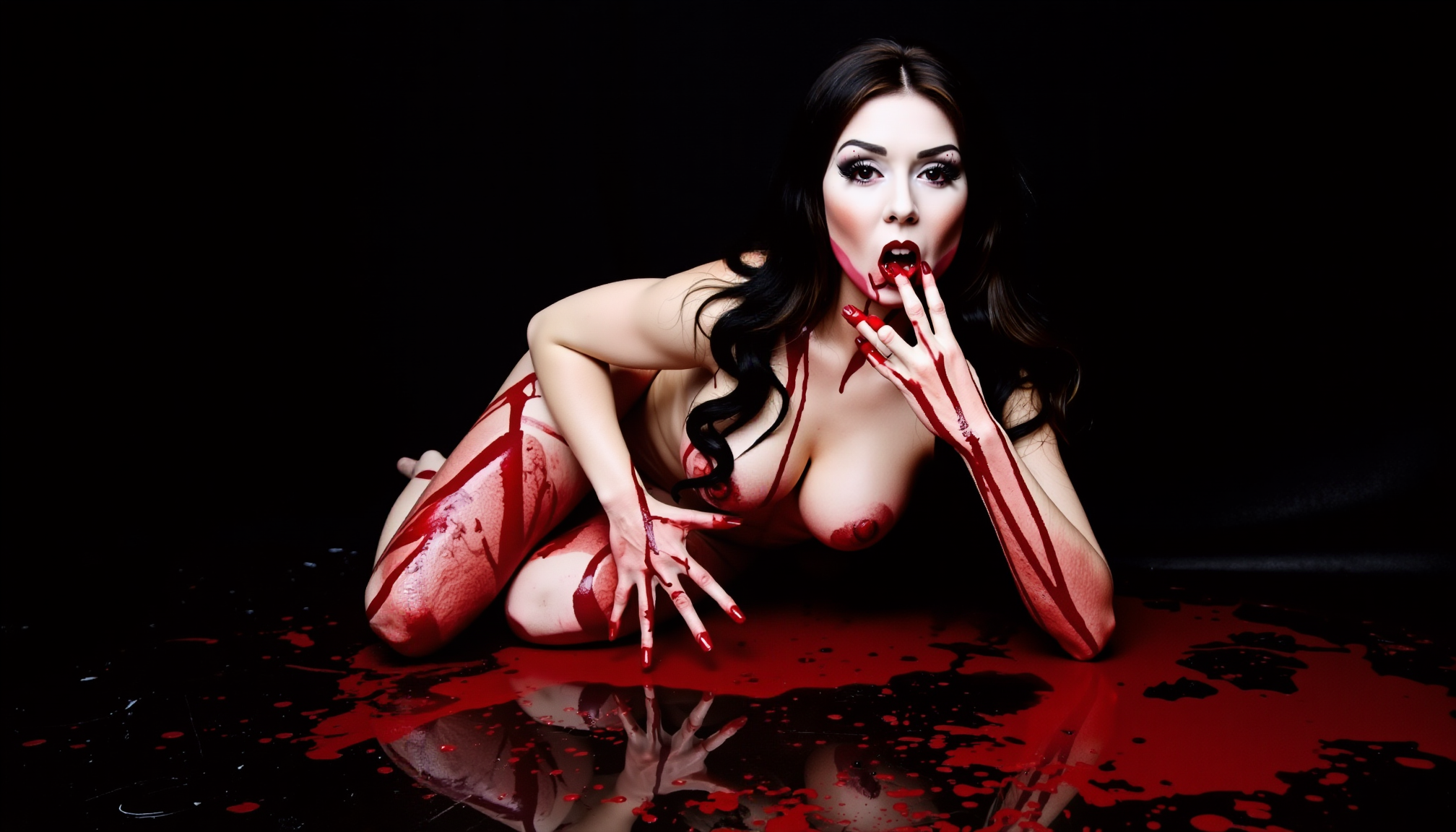 B100dY. The image is a high-contrast photograph of a nude woman with an edgy, gothic aesthetic. She is kneeling on a dark surface, likely a floor, which is splattered with blood-like red liquid, creating a dramatic, macabre scene. The woman has a slender, athletic build with large, full breasts. Her skin is covered in streaks of red paint or blood, giving her a gruesome, dramatic appearance. She has long, dark hair cascading down her back. Her facial features are striking, with high cheekbones, full lips, and dark, smoky eye makeup giving her a seductive yet menacing expression. She is depicted in a pose of seductive defiance, with one hand raised to her mouth as if in a provocative gesture and the other hand touching her chin. Her skin and the splatters of red paint create an unsettling, almost demonic look. The background is pitch black, which contrasts sharply with the red and white of her skin and the paint..<segment:yolo-Eyeful_v2-Individual.pt,0.6,0.5//cid=1>