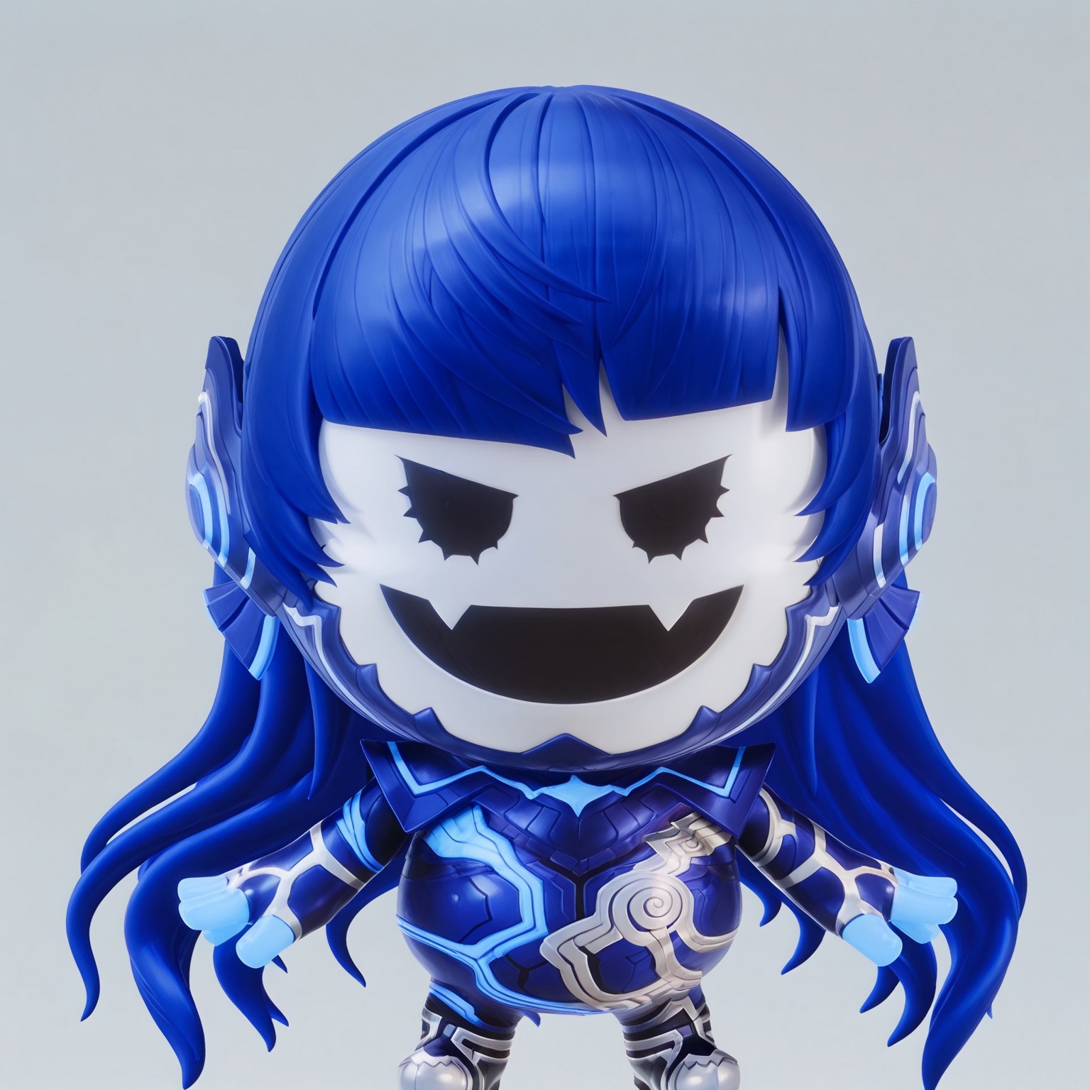 uncensored, masterpiece, best quality, highly detailed, realistic, solo, Nahobeeho, humanoid, ambiguous gender, blue hair, very long hair, hime cut, black eyes, mob face, flesh fangs, white body, white skin, blue bodysuit, multicolored bodysuit, full body suit, blue fingers, smile, open mouth, ((4 fingers)), grey background, simple background, standing, face focus, close-up, portrait, nendo