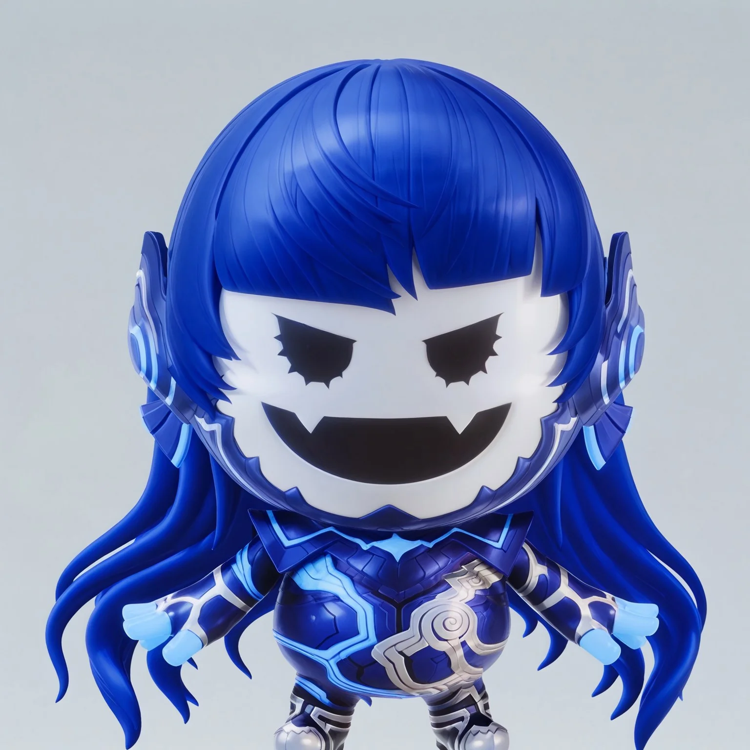uncensored, masterpiece, best quality, highly detailed, realistic, solo, Nahobeeho, humanoid, ambiguous gender, blue hair, very long hair, hime cut, black eyes, mob face, flesh fangs, white body, white skin, blue bodysuit, multicolored bodysuit, full body suit, blue fingers, smile, open mouth, ((4 fingers)), grey background, simple background, standing, face focus, close-up, portrait, nendo