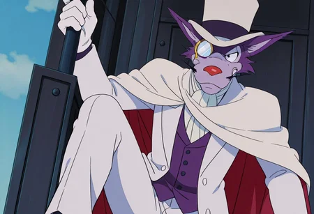 score_9, score_8_up, score_7_up, score_6_up
,
1boy, solo, Professor Moriarty, wolf, white pants, furry, white jacket, white cape, monocle on eye, white bowler hat, whiskers, red nose, ears spread out, Anime, male, purple body
