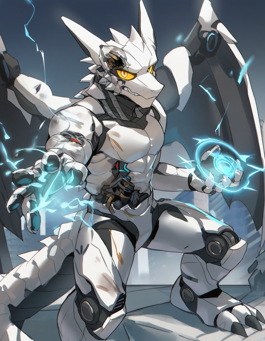 solo, western dragon, robot, mecha, anthro, white body, mechanical joints, muscular, male, fighting pose, (damaged arms, holding magic, damaged head), reaching towards viewer, damaged belly, magic circle, 5 fingers, yellow eyes, clenched teeth, frown, looking at viewer, wings, tail, [[electricity]], city, ruins, detailed face, front view, nekowuwu, year 2023, year 2024, (masterpiece, best quality, very aesthetic, amazing quality), absurdres, highres