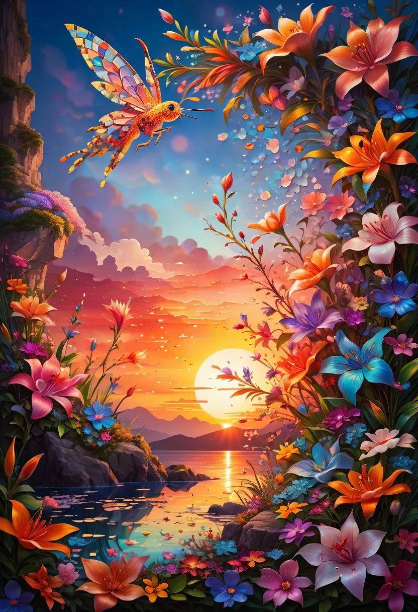 best quality,high resolution,insane,mosaic style {extremely detalied,ultrareaslitic ethereal artistic sunset fantasy art} . fragmented, assembled, colorful, highly detailed,inspired by Miki Asai huge hyperdetailed busy celesial floral scene