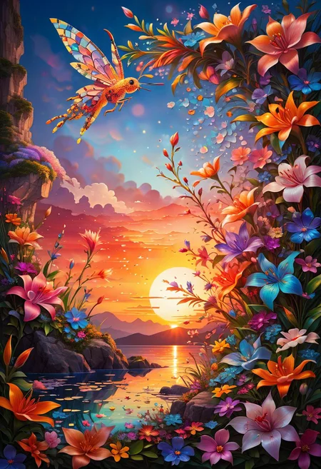 best quality,high resolution,insane,mosaic style {extremely detalied,ultrareaslitic ethereal artistic sunset fantasy art} . fragmented, assembled, colorful, highly detailed,inspired by Miki Asai huge hyperdetailed busy celesial floral scene