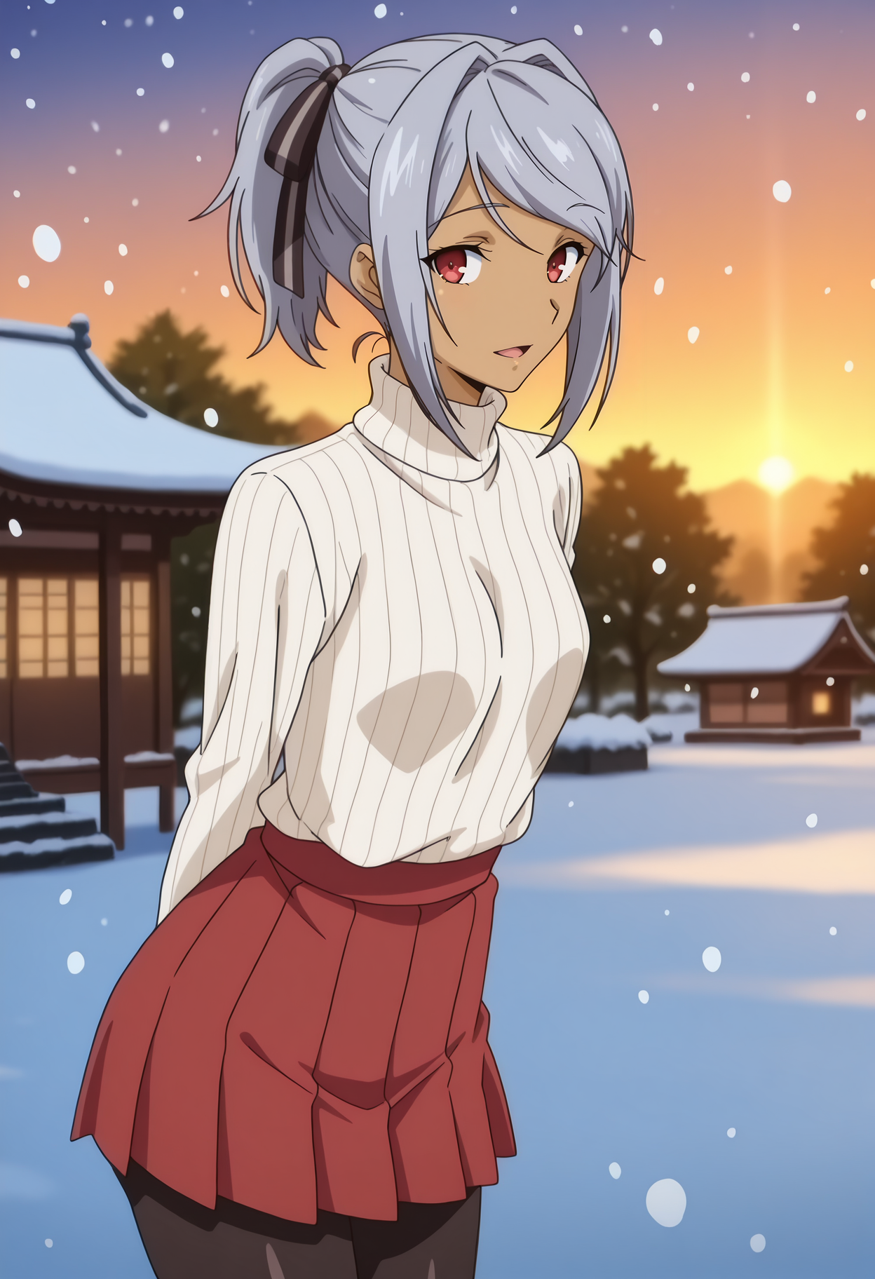 anime screencap, masterpiece, best quality,
<lora:HaremTime_DarkskinGirl_IlluXL:0.9>,
1girl, solo, open mouth, light smile,
dark-skinned female, ponytail, grey hair, red eyes, hair ribbon, black ribbon,
turtleneck sweater, ribbed sweater, white sweater, sweater tucked in, small breasts, long sleeves, pleated skirt, miniskirt, red skirt, black pantyhose,
arms behind back, standing, looking at viewer, cowboy shot,
sunset, winter, snow, snowing, park, east asian architecture, blurry background
