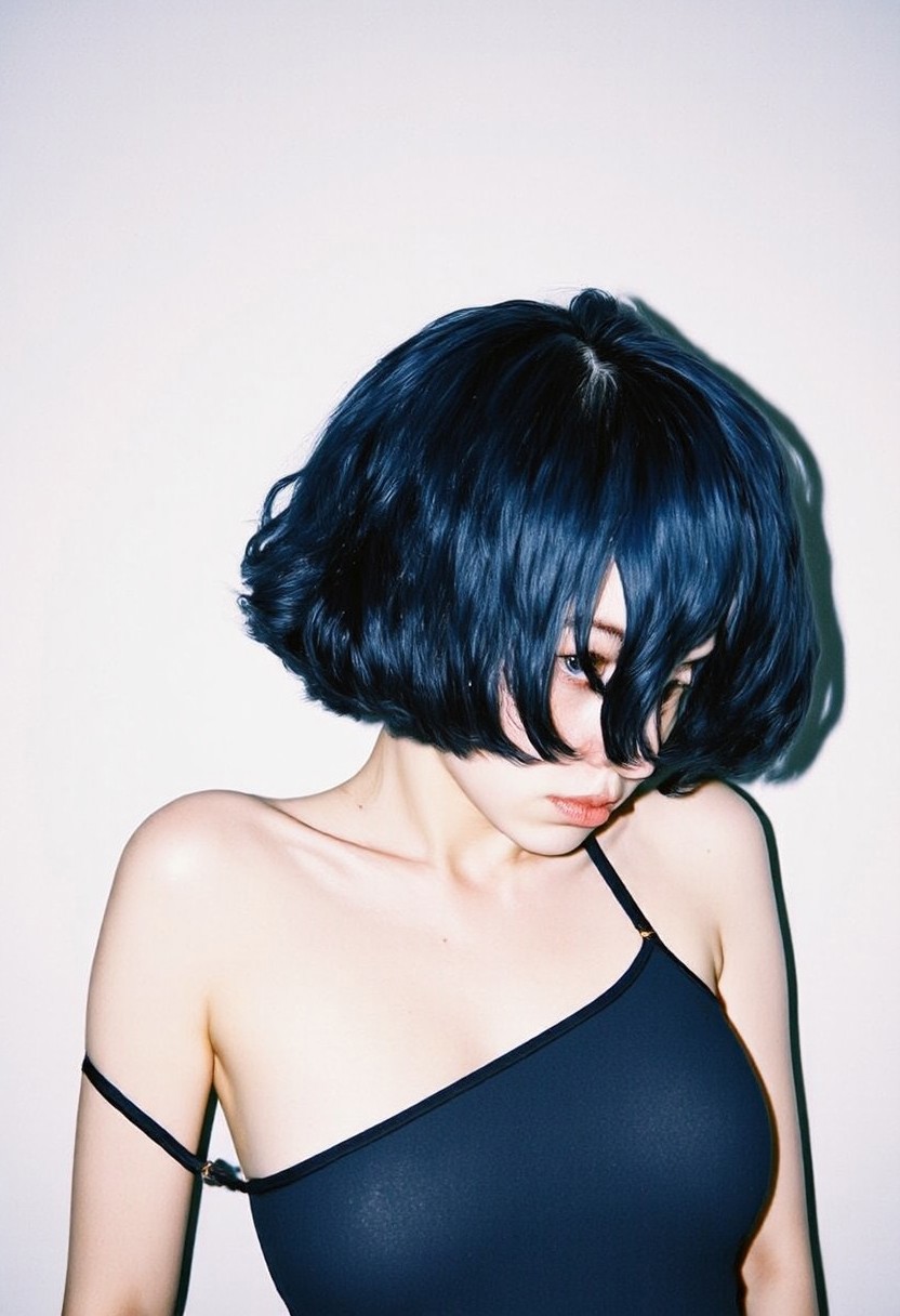 aesthetic_pos3, Dark blue hair, uneven curly bob haircut, JUNOECLAIR,  film photography aesthetic, grainy film-like texture, in motion, underexposed
