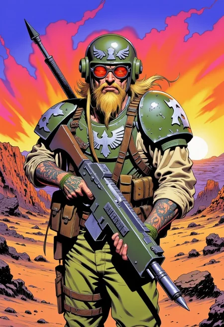 solo, warhammer 40,000, an illustration of member of the imperial guard, body armor, helmet, round sunglasses, lasgun, red-dot sight on top of lasgun, aquila emblem on chestplate, white shoulder markings, ammunition pouches, knife scabbard, wearing grenades, Sleeves rolled up above elbows, mandarin collar, olive drab uniform, kneepads, combat boots, tattooed forearms, full beard, well-groomed, blonde, post-apocalyptic background, desert, in style of comic book, flat colors, Psychedelic Portrait, Colorful, Psychedelic Style, The phrase "Murder Patrol" is hand-painted on his helmet, sunset, volumetric lighting, profile, side-view,