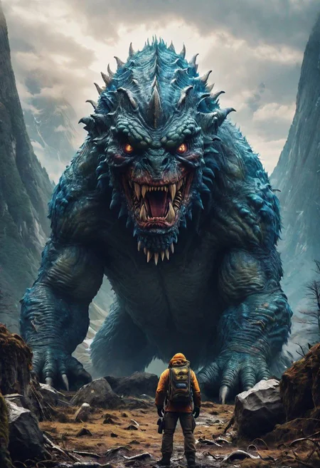(Titan  Monster in landspace :1.0), montains, high quality, detailed background, 8k,35mm , giant out of focus background, detailed face,  detailedeyes,