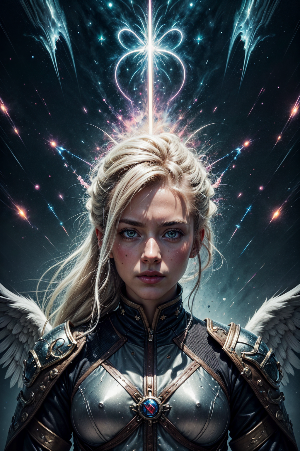 (masterpiece, detailed:1.3), vivid colors, <lora:add_detail:1>,
(1man,  old icelandic male:1.2), wise,  pink eyes, white hair, fade with sideburns, 
portrait, (bloody scars:0.7), looking away, solo, (full body:0.6), detailed background, (victorian theme:1.1), angelic face, divine fury, holy guardian,  floating light particles, dark brown battleworn leather armor, circlet, coat of arms, tabard, divine ray of light,  religious symbol, bright clouds, bright realistic lighting, reflections, icy tundra, intense atmosphere, healing aura, 
<lora:StarDust:0.6>,